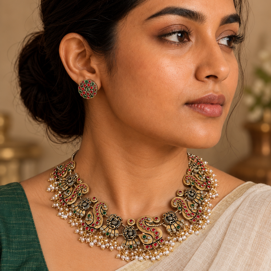 Peacock Red and Green Kundhan Terracotta Necklace with pearls