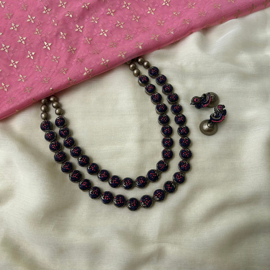 Layered peacock violet and pink terracotta necklace set with Jhumkas