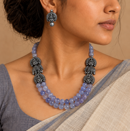 Terracotta Laksmi layered blue pumpkin agate beads necklace  set