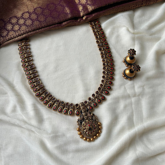 Handmade Red and Black Terracotta Statement Peacock Floral Necklace Set with Earrings