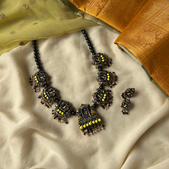 Handmade yellow Terracotta Necklace with Earrings