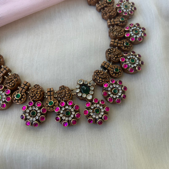 Peacock Gem Stone Terracotta Necklace Set with Kundhans