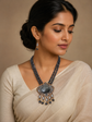 Floral Terracotta Pendant Necklace with Grey Glass Beads
