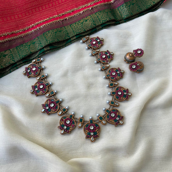 Handmade Terracotta Jewellery Necklace Set with Semi-Precious Kemp Stones | Traditional Floral South Indian Jewellery