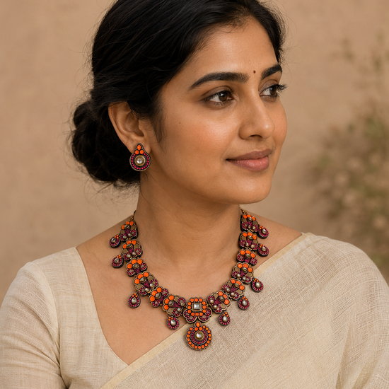 Orange and pink kundan terracotta necklace set