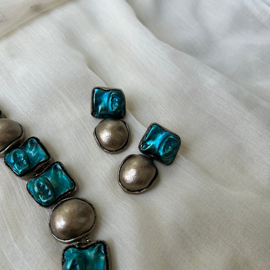 Metallic teal and silver terracotta necklace and earrings set