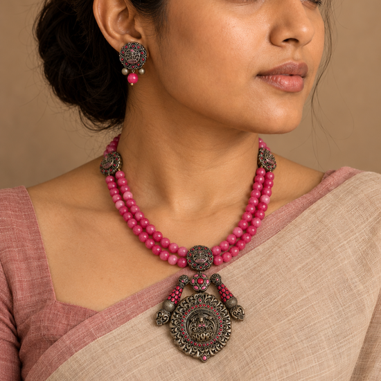 Antique Lakshmi terracotta necklace set with pink gemstone beads