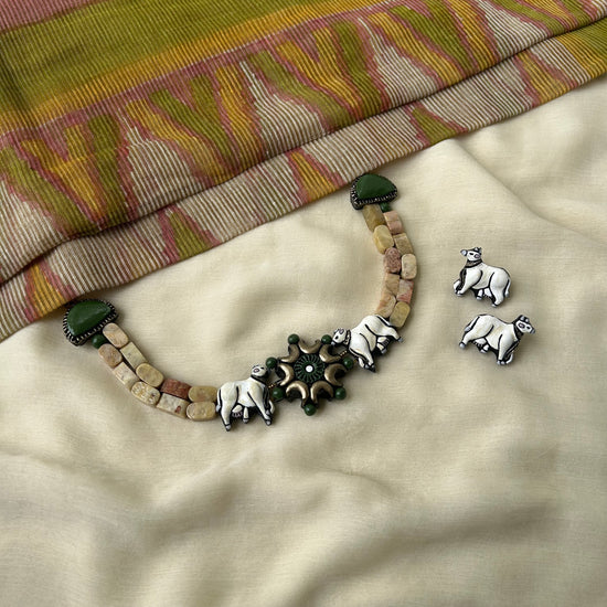 Natural Soap Stone Beads - White Cow Terracotta Necklace Set