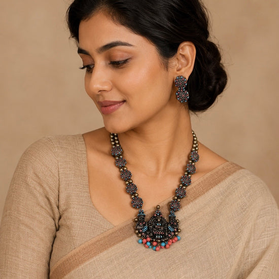 Lakshmi terracotta necklace set with pink and teal beads