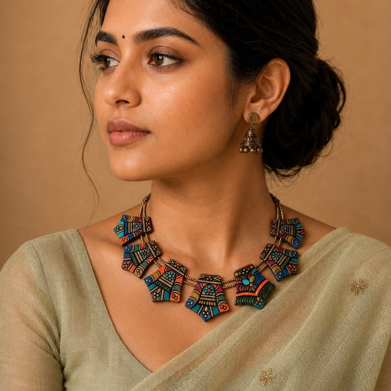 Multicolour Tribal Terracotta Necklace Set with Jhumkas