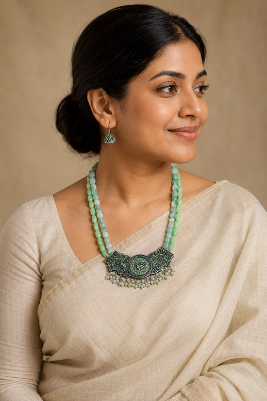 Two Layered Peacock Terracotta Necklace set in green with pearls