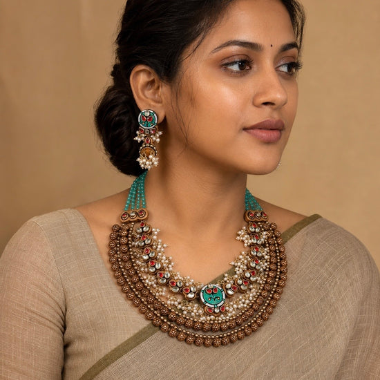 Handmade antique layered gold Guttapusalu kundan necklace set