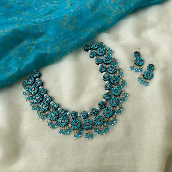Layered Circular Blue Terracotta Necklace Set with Crystals