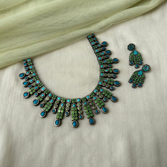 Stacked Floral Terracotta Necklace Set in Blue & Green
