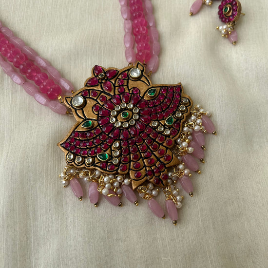 Layered Pink Beaded Gandaberunda Kemp Terracotta Necklace Set