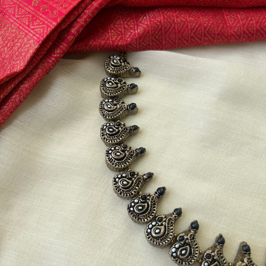 Antique Peacock Silver and Black Terracotta Necklace Set with Miniature Jhumkas