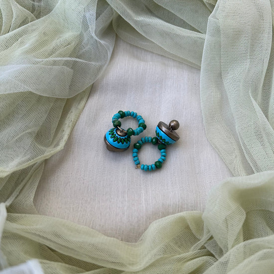 Blue and Green Floral Terracotta Bali Jhumka Earrings  | Daily wear earrings