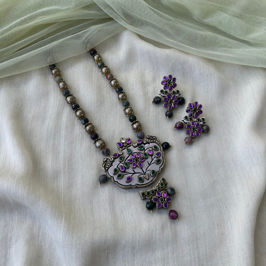 Violet & Green Terracotta Necklace Set with Kundan Stones