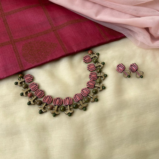 Pink Lotus terracotta necklace with unakite gemstone beads