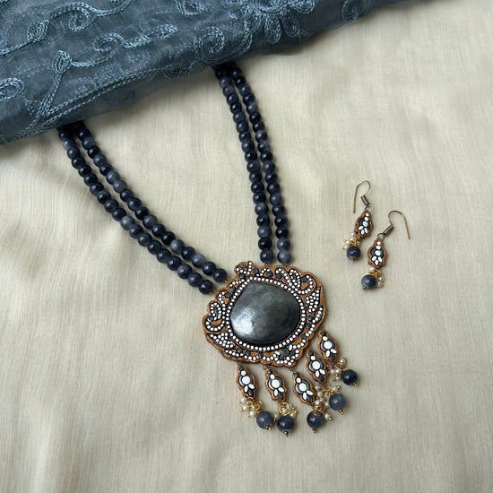 Floral Terracotta Pendant Necklace with Grey Glass Beads