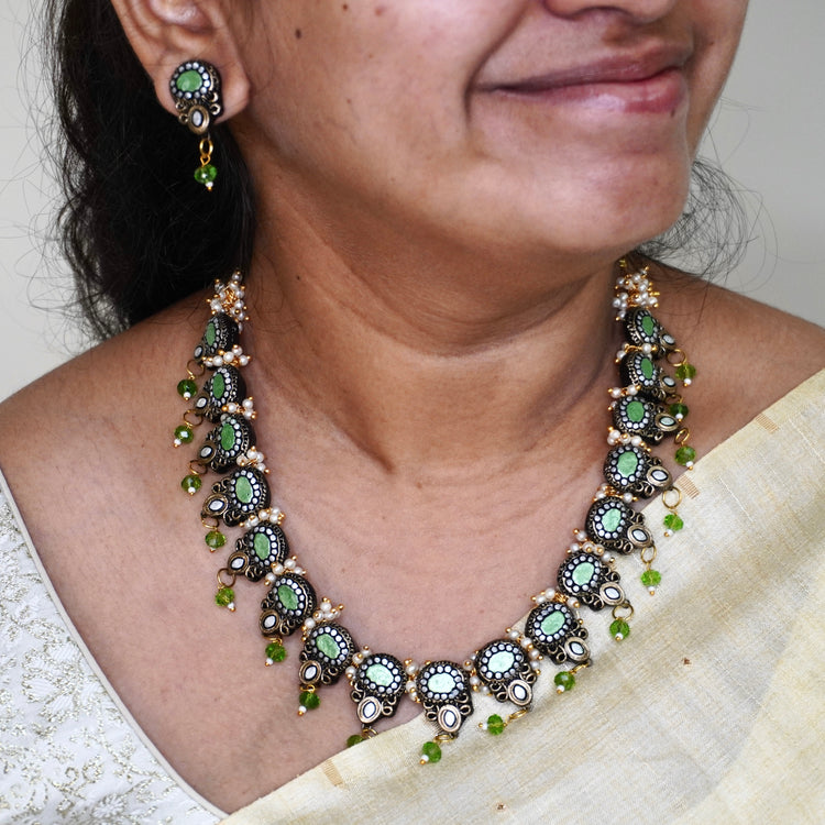 Green kundan terracotta necklace with crystal bead and pearl drops