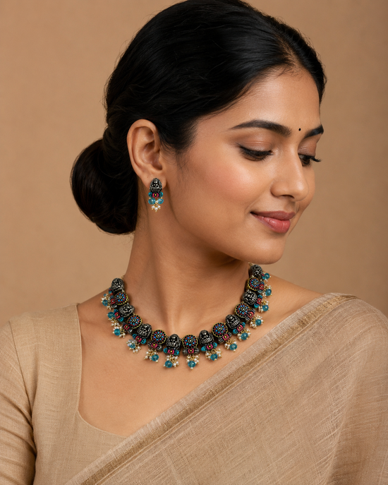Lakshmi Floral Terracotta Necklace Set with Pearls and Crystals