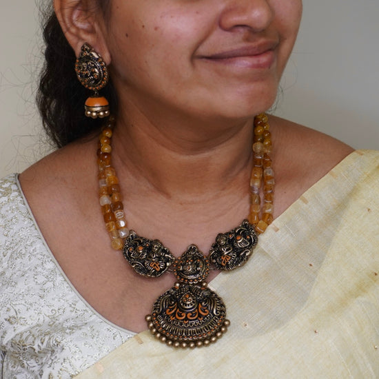 Lakshmi Antique Terracotta Necklace set with Layered beads and Jhumkas