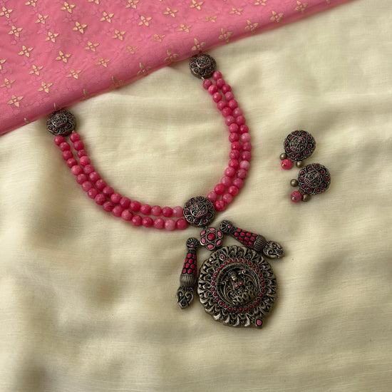 Antique Lakshmi terracotta necklace set with pink gemstone beads