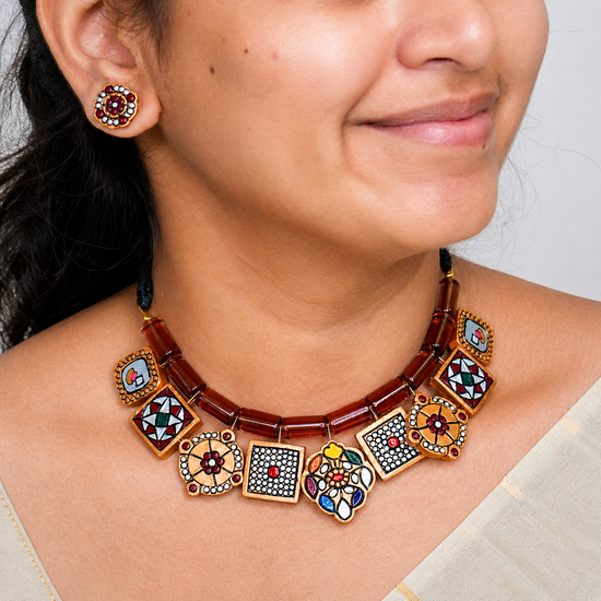 Terracotta Abstract Geometric Choker in Multicolour Shades