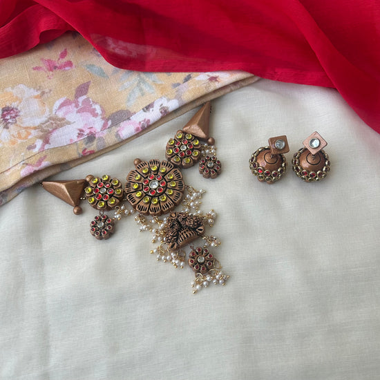 Peacock terracotta choker and jhumkas with Kundhan Stones