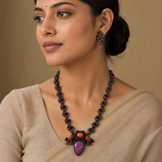 Terracotta Orange Peacock Pendant Necklace Set