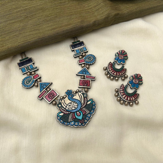 Multicolour Peacock Tribal Terracotta Necklace with Danglers
