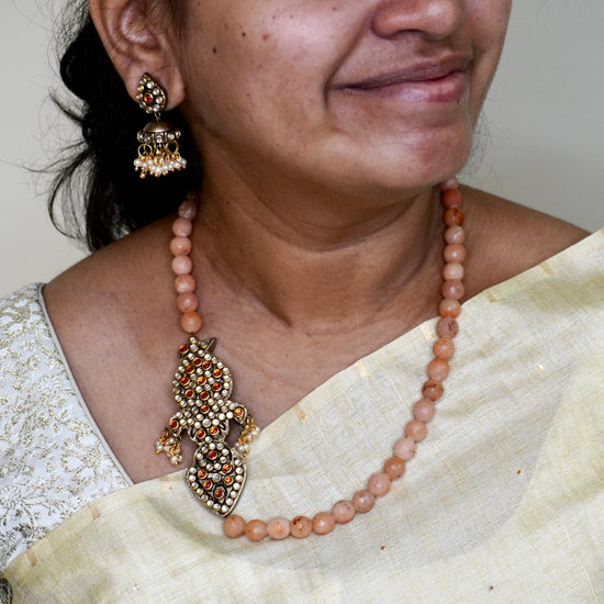 Peach terracotta kundan side pendant beaded necklace set