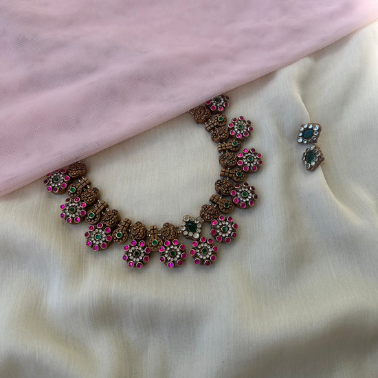 Peacock Gem Stone Terracotta Necklace Set with Kundhans