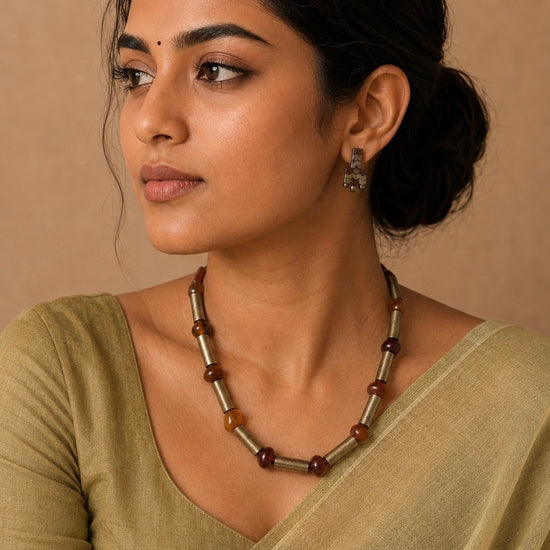 Silver cylindrical terracotta and stone beads necklace set