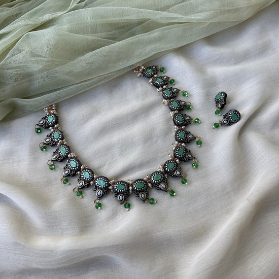 Handmade Terracotta Jewellery Necklace Set with Green Crystal Bead Drops & Pearl Detailing | Traditional Indian Design