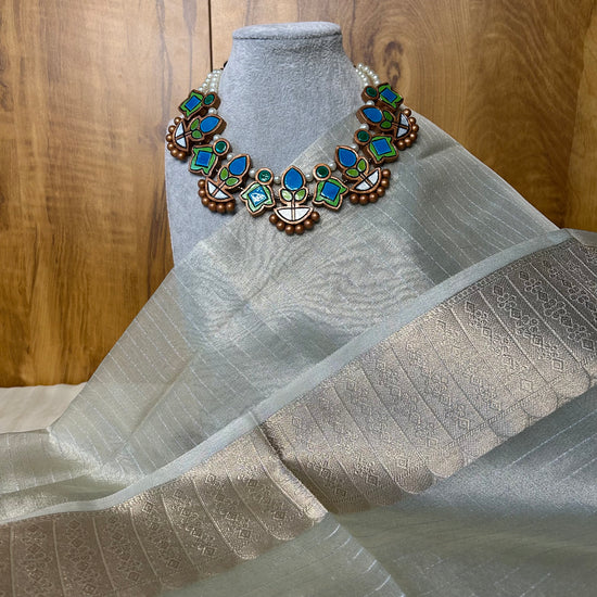 Copper terracotta necklace with blue and green glass mirror inlay and pearl strands