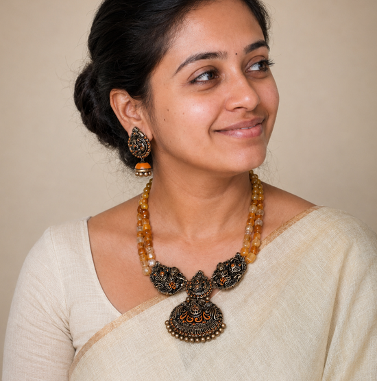 Lakshmi Antique Terracotta Necklace set with Layered beads and Jhumkas