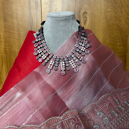 Pink kemp terracotta collar necklace set with floral stud earrings