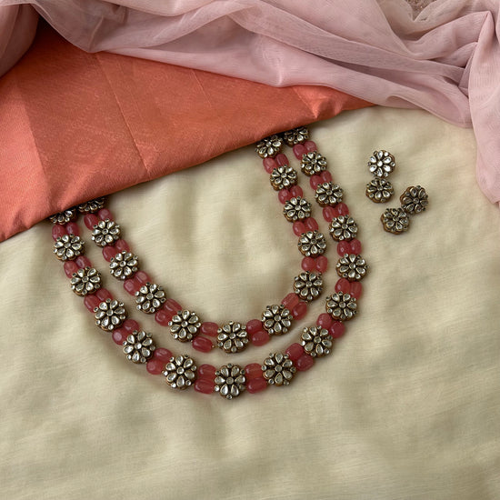 2 in 1 Floral Kundhan Terracotta Necklace Set with Pink Glass Beads