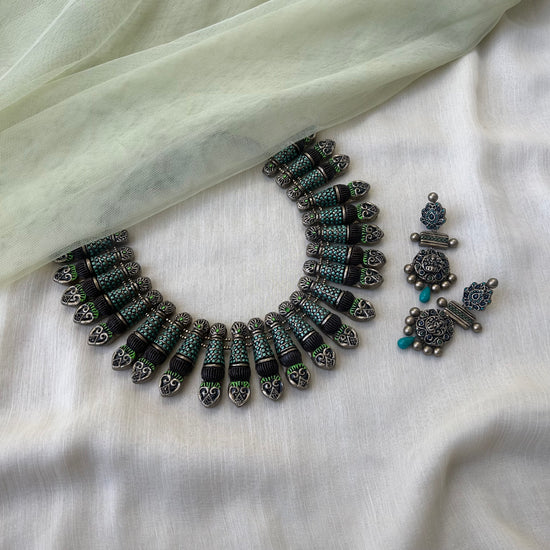 Teal and Green Terracotta Jewellery Necklace Set with Earrings in Contemporary Design
