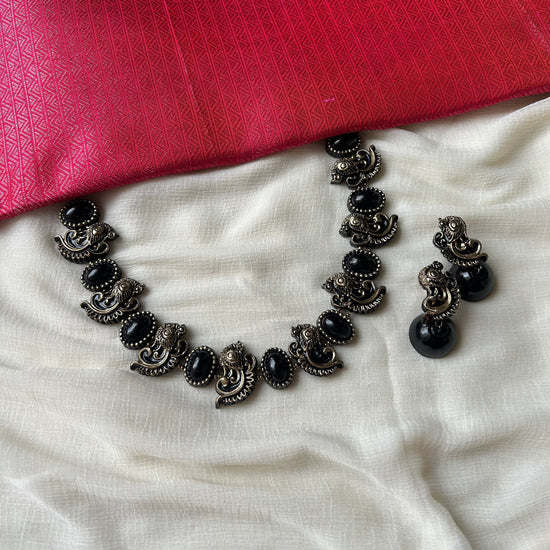 Handcrafted Terracotta Peacock Necklace Set in black & Matching Jhumkas