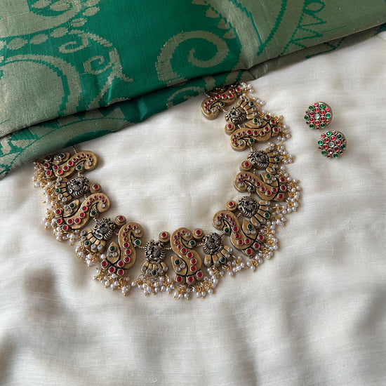 Peacock Red and Green Kundhan Terracotta Necklace with pearls