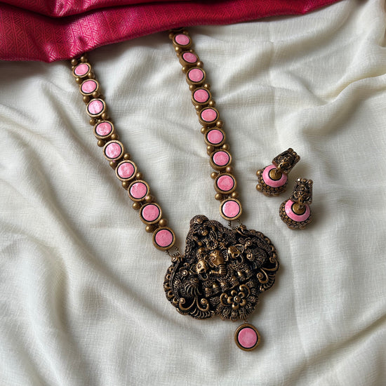 Handcrafted Terracotta Temple Necklace Set with Pink Accents & Antique Finish Jhumkas