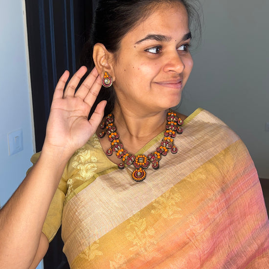 Pink and Orange Terracotta necklace and earrings with stones