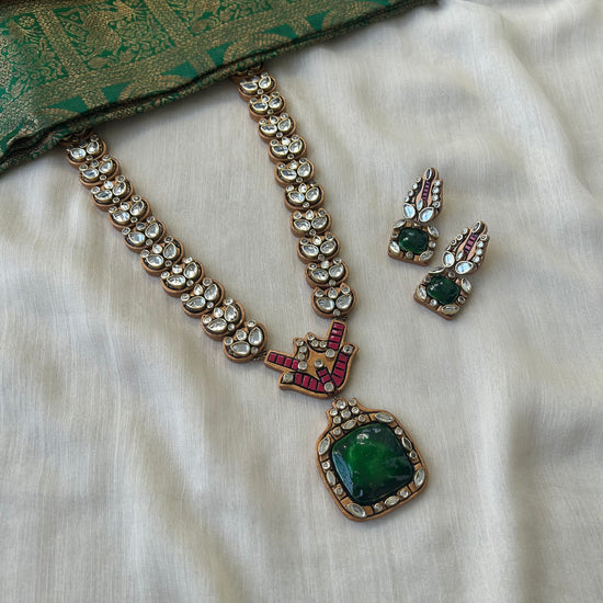 Handmade Terracotta Pink Jewellery Necklace Set with White Kundan Stones