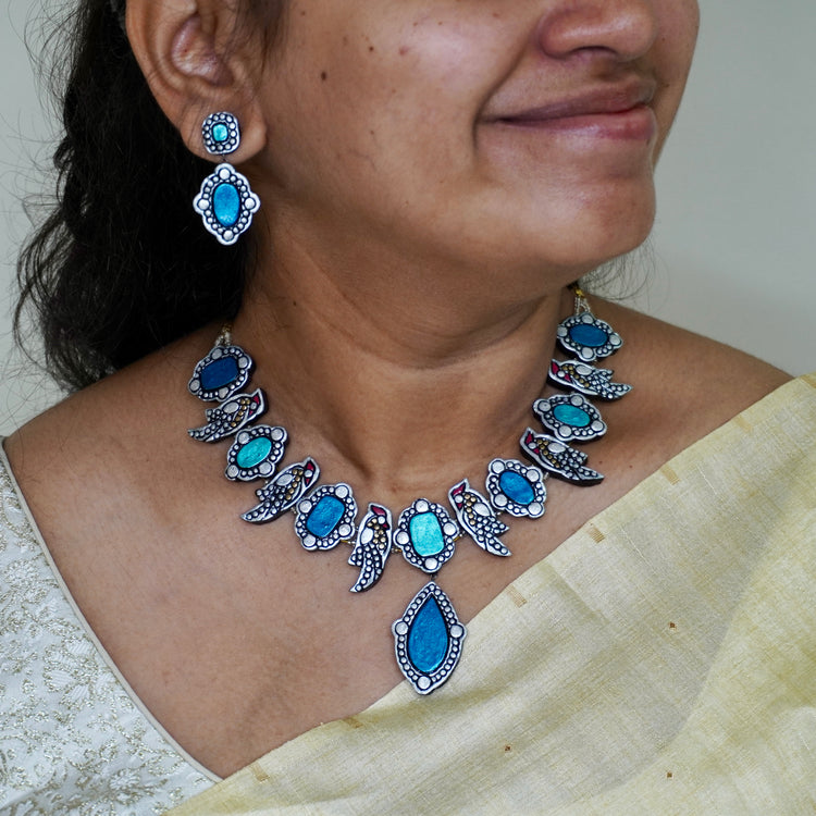 Teal bird terracotta necklace set in oxidized silver finish