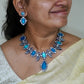 Teal bird terracotta necklace set in oxidized silver finish