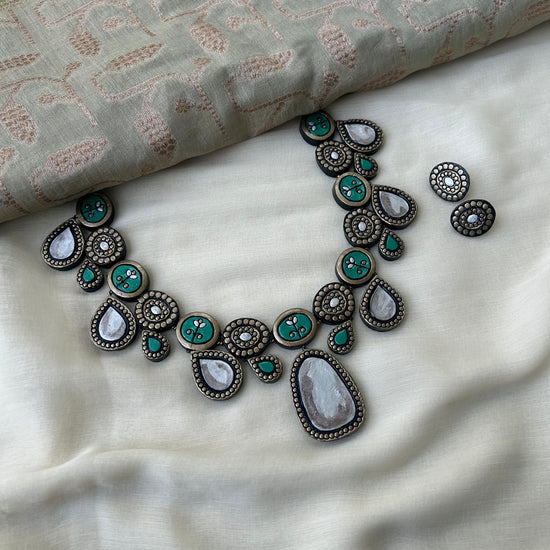 Pearl Green Terracotta necklace and earrings | Ethnic Jewellery