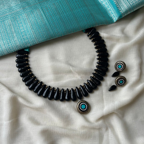 Handcrafted Black Terracotta Necklace Set with Earrings | Traditional Clay Jewellery
